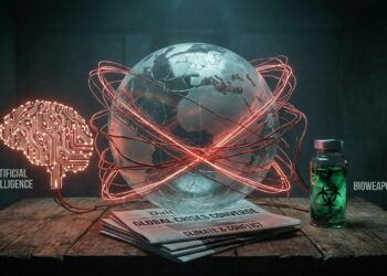 Crea una una imagen con este concepto: “el mundo está en peligro”, y que no se trata solo de la IA, sino también de bioweapons y de crisis interconectadas que se están desarrollando al mismo tiempo.