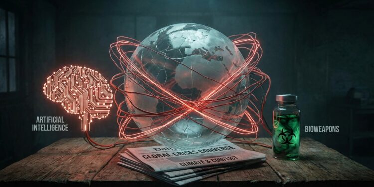 Crea una una imagen con este concepto: “el mundo está en peligro”, y que no se trata solo de la IA, sino también de bioweapons y de crisis interconectadas que se están desarrollando al mismo tiempo.